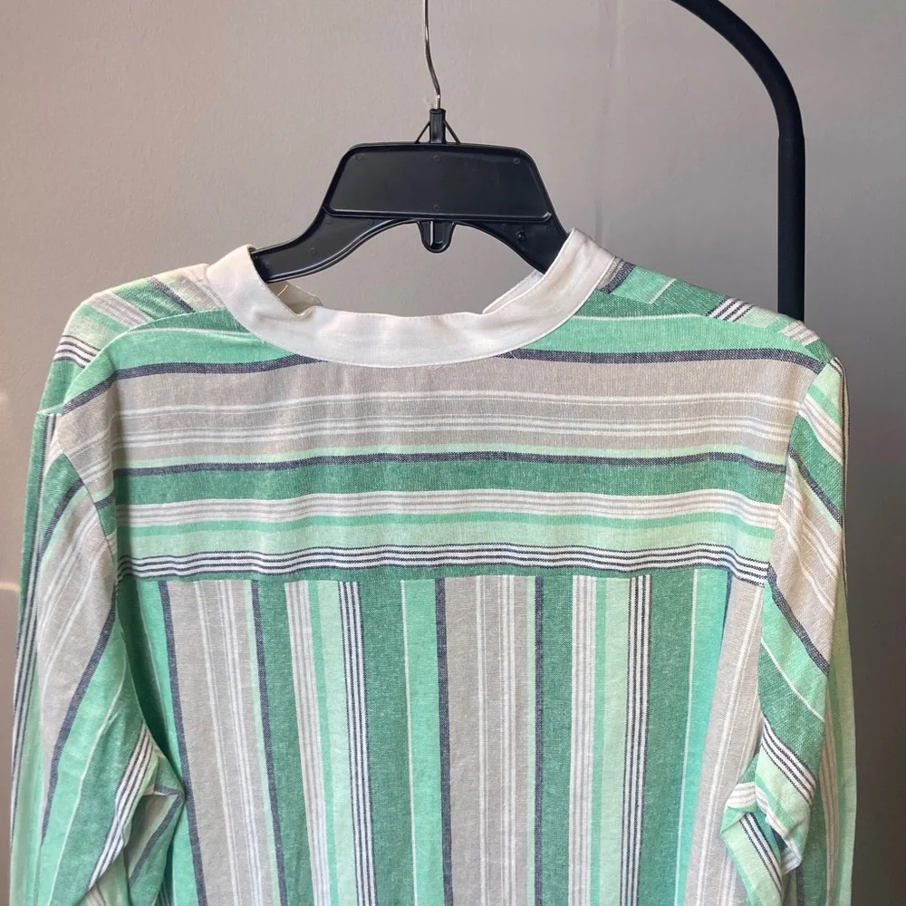 Kasper top print stripes pattern blouse linen blend career business casual L - Picture 10 of 17